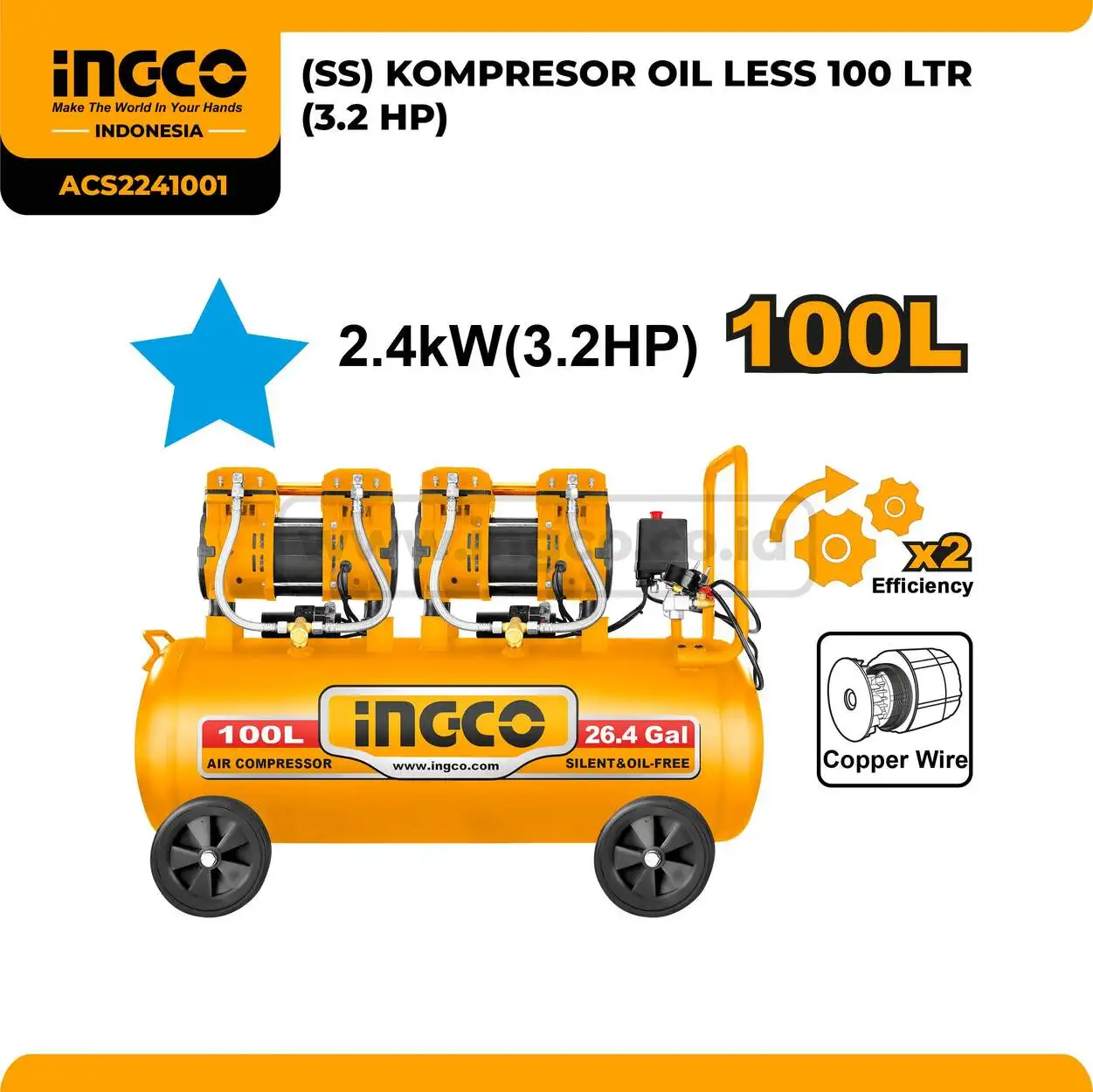ACS2241001 - (SS) KOMPRESOR OIL LESS 100 LTR (3.2 HP)