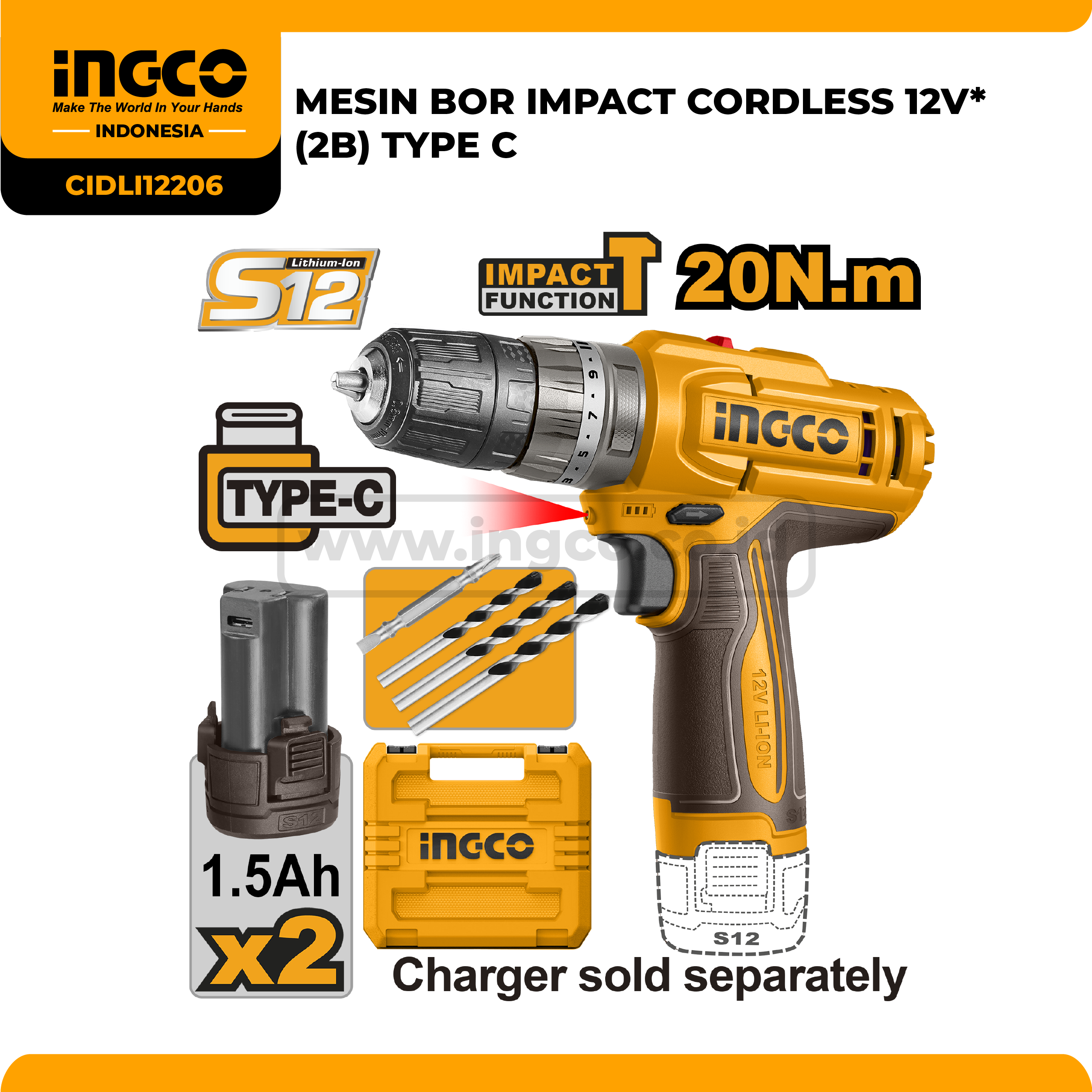 CIDLI12206 - MESIN BOR IMPACT CORDLESS 12V* (2B) TYPE C