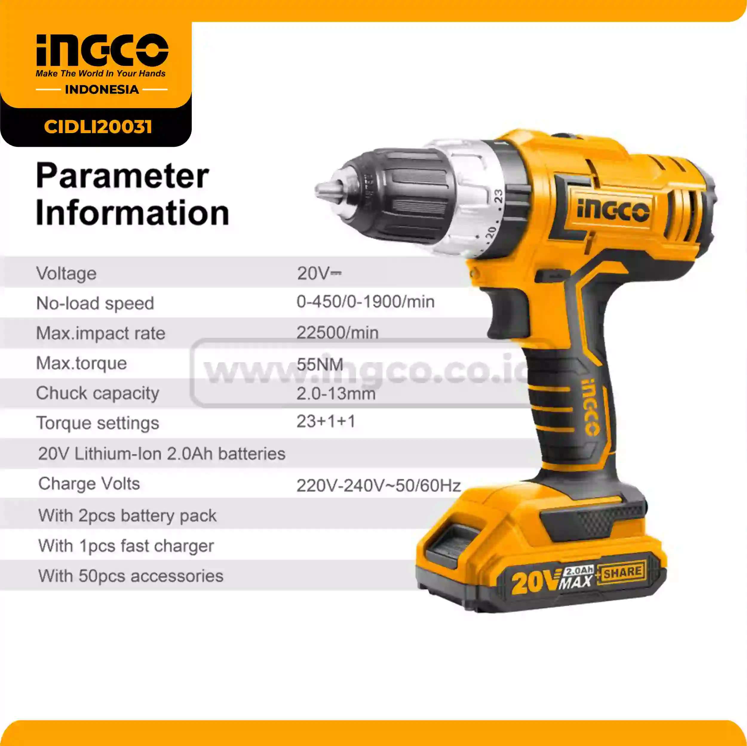 CIDLI20031 - (MESIN BOR IMPACT CORDLESS 20V HD (2B&1FC)) => CIDLI20602