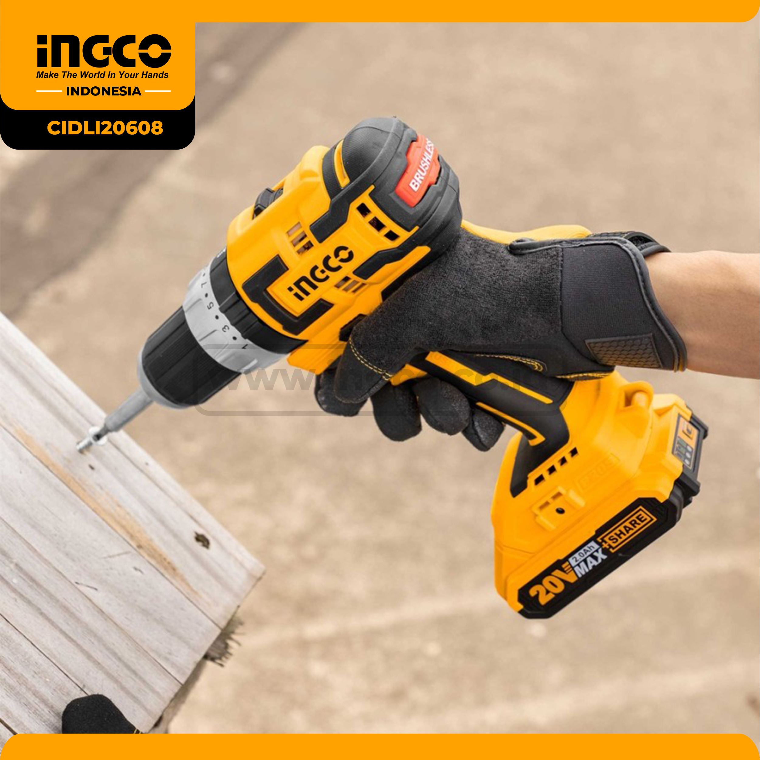 CIDLI20608 - MESIN BOR IMPACT CORDLESS 20V BRUSHLESS (2B&1FC) => CIDLI20602